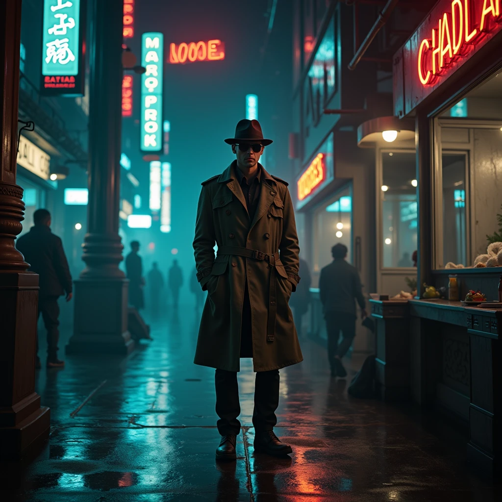 In a dimly lit corner of a bustling spaceport, a weathered private detective stands against a backdrop of flickering neon signs and smoky, industrial haze. This captivating lomographic photograph depicts a retro-futuristic noir-inspired scene, capturing the essence of intergalactic travel. The main subject, the detective, wears a worn trench coat replete with patches, revealing countless adventures. His eyes, veiled under a tilted fedora, hold a glimmer of sharp intuition, etched with wisdom. The grainy texture and muted colors enhance the nostalgic ambiance, transporting viewers to a forgotten era of mystery and exploration. This high-quality image masterfully balances vintage aesthetics and futuristic themes, inviting observers into a captivating cosmic tale.sunglasses，Cold expression