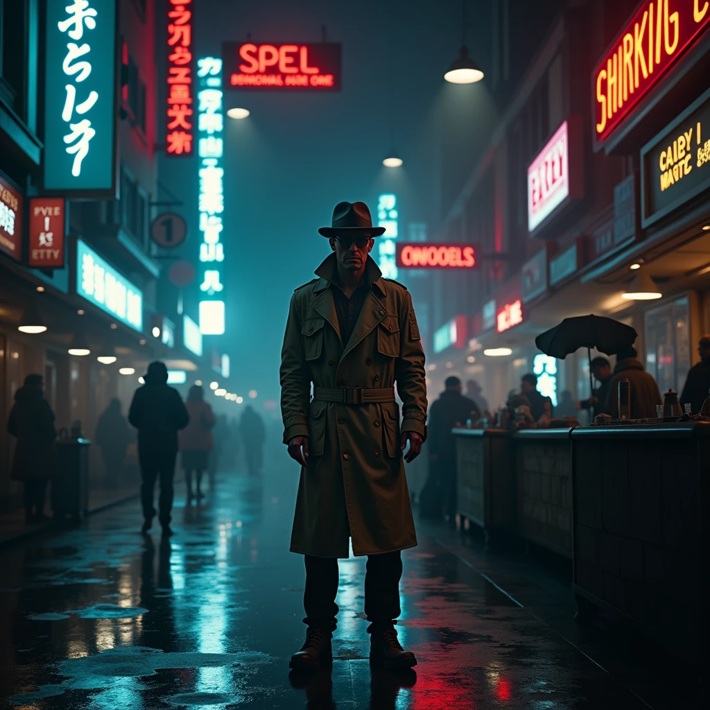 In a dimly lit corner of a bustling spaceport, a weathered private detective stands against a backdrop of flickering neon signs and smoky, industrial haze. This captivating lomographic photograph depicts a retro-futuristic noir-inspired scene, capturing the essence of intergalactic travel. The main subject, the detective, wears a worn trench coat replete with patches, revealing countless adventures. His eyes, veiled under a tilted fedora, hold a glimmer of sharp intuition, etched with wisdom. The grainy texture and muted colors enhance the nostalgic ambiance, transporting viewers to a forgotten era of mystery and exploration. This high-quality image masterfully balances vintage aesthetics and futuristic themes, inviting observers into a captivating cosmic tale.sunglasses，Cold expression