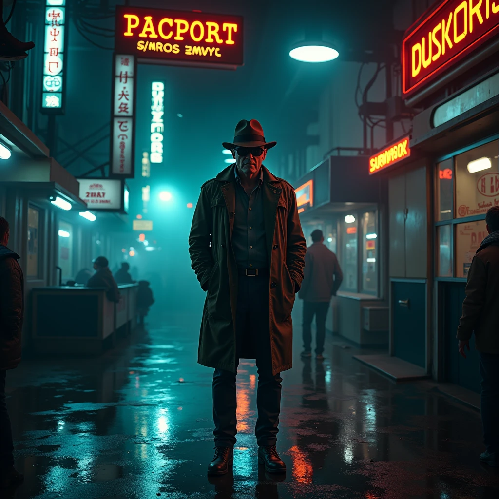 In a dimly lit corner of a bustling spaceport, a weathered private detective stands against a backdrop of flickering neon signs and smoky, industrial haze. This captivating lomographic photograph depicts a retro-futuristic noir-inspired scene, capturing the essence of intergalactic travel. The main subject, the detective, wears a worn trench coat replete with patches, revealing countless adventures. His eyes, veiled under a tilted fedora, hold a glimmer of sharp intuition, etched with wisdom. The grainy texture and muted colors enhance the nostalgic ambiance, transporting viewers to a forgotten era of mystery and exploration. This high-quality image masterfully balances vintage aesthetics and futuristic themes, inviting observers into a captivating cosmic tale.sunglasses,Cold expression