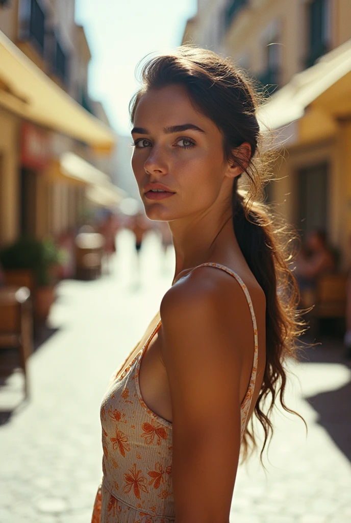 A photo of an aesthetic woman in the streets of Cannes, she is wearing a summer dress, she has long hair pulled back into ponytail, she looks straight ahead with her head slightly tilted to left side, soft natural lighting, sunny day, natural colors, backlit, shot on Kodak Gold 400 film
