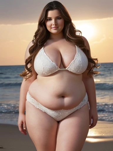 A very fat white woman with long wavy hair, face is perfect and beautiful, has huge body curves
