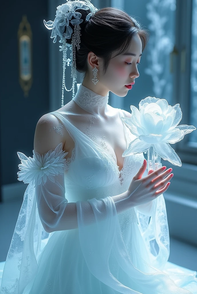 (ice - carving:1.4),Movie Angle,(Fan Bingbing, ice sculpture girl,Anatomically correct,full bodyesbian,Masterpiece ice sculpture camellia,Representative work Hanfu,Smile),sexy