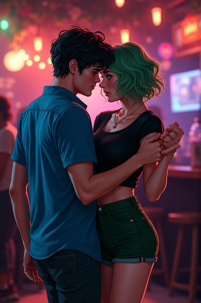 My hero academia Girl with short curly green hair,He has emerald green eyes, has freckles on his face, clear skin ,She is wearing a black t-shirt with dark green shorts and a skirt, She is in a night bar drunk dancing close together with a guy with black hair and a blue shirt  