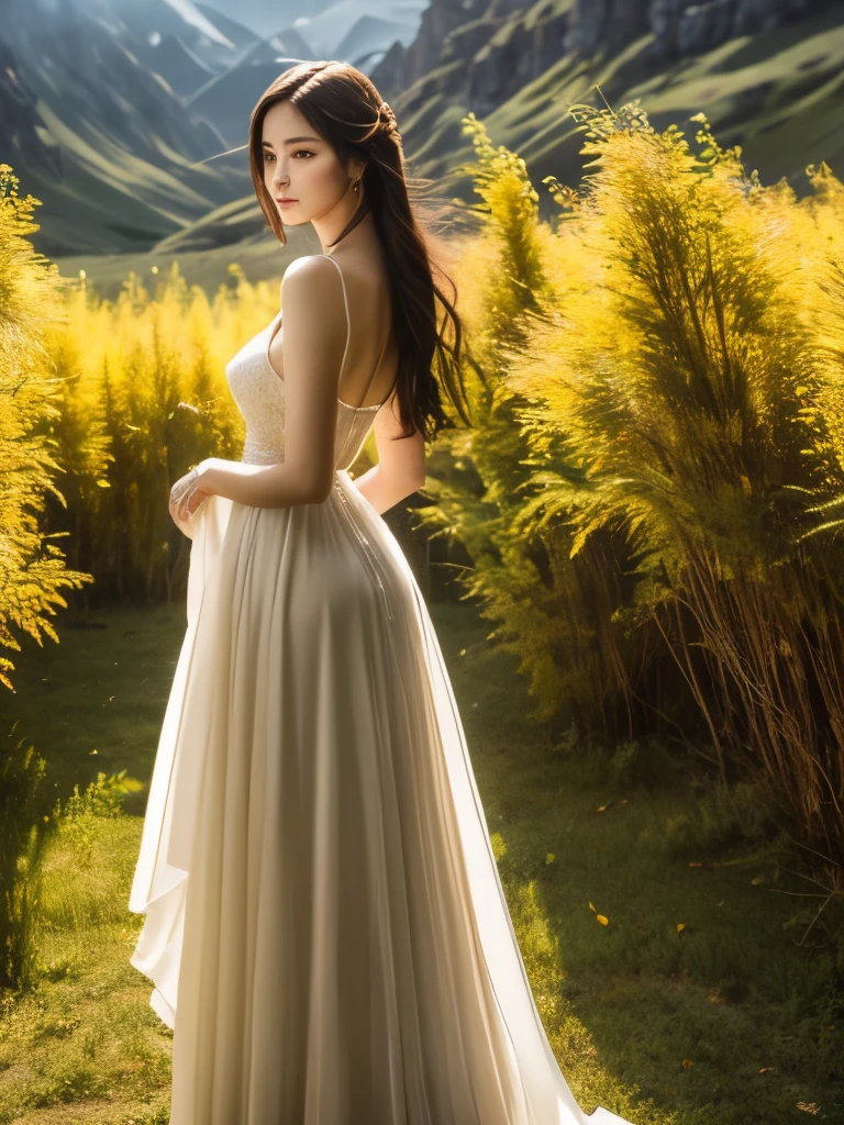 The painting style is quiet、The lighting is yellow. Home々A distant mountain々Surrounded by, The willows in the courtyard are swaying in the wind. Several layers of pale red curtains、It adds a slightly mystical atmosphere to the deep landscape.。, The woman is alone, Her long hair is scattered freely, And then her figure looms, With a faint smile.  