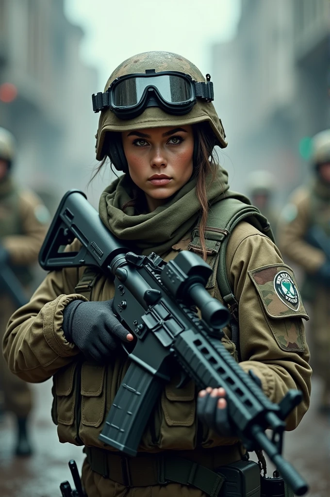 woman,Assault_rifle,Blurry,Blurry_Background,Blurry_foreground,A pit bull,colours_aberration,Depth_af_Field,fingerless_mitts,mitts,goggles,goggles_On_Head,headset on head,heckler_&_koch,helmet,Holding_Gun,Holding_arma,Military,Exercise_bblurry,multiple_girls,multiple_Girls,Photo_(mediating),Realistic,soldier,Solo_Focus,suppress,trigger_Discipline,uniform,arma,A masterpice,tmasterpiece,A high resolution,high qulity,The picture is fine,((commando,camouflage uniform)),Face the lens,heroic look