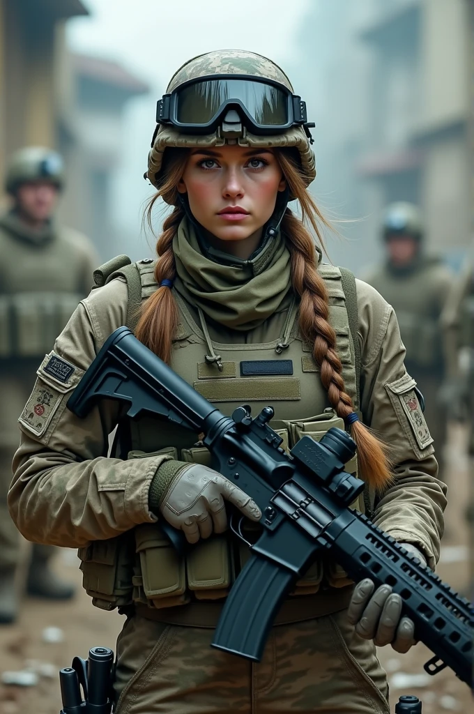 woman,Assault_rifle,Blurry,Blurry_Background,Blurry_foreground,A pit bull,colours_aberration,Depth_af_Field,fingerless_mitts,mitts,goggles,goggles_On_Head,headset on head,heckler_&_koch,helmet,Holding_Gun,Holding_arma,Military,Exercise_bblurry,multiple_girls,multiple_Girls,Photo_(mediating),Realistic,soldier,Solo_Focus,suppress,trigger_Discipline,uniform,arma，A masterpice，tmasterpiece，A high resolution，high qulity，The picture is fine，（（commando，camouflage uniform）），Face the lens，heroic look