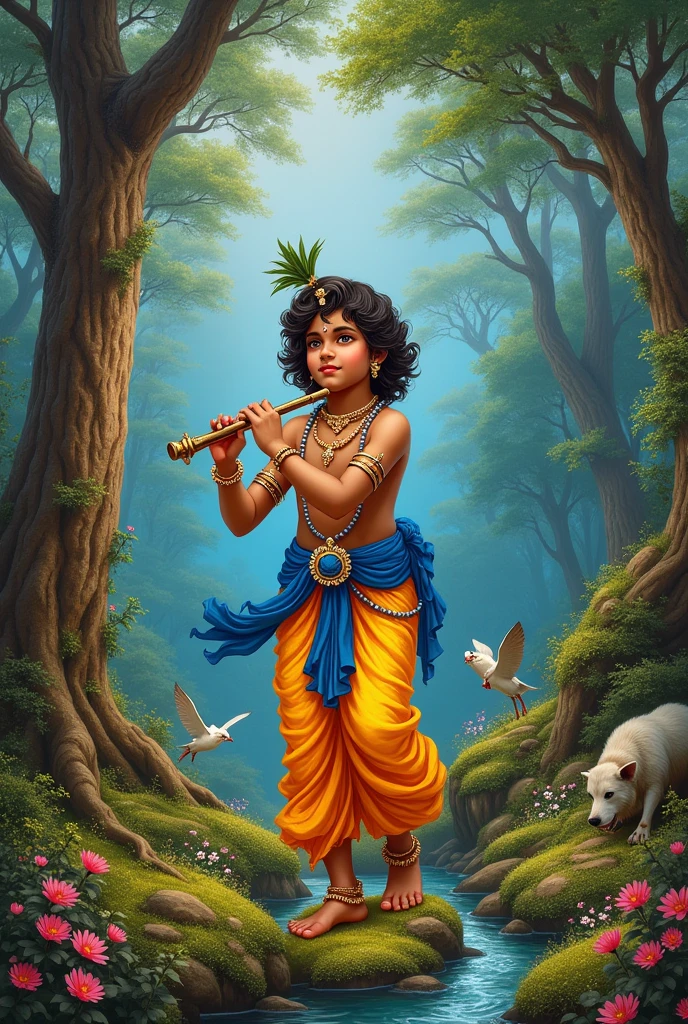 Krishna , one peacock, flute in hand, flower tree