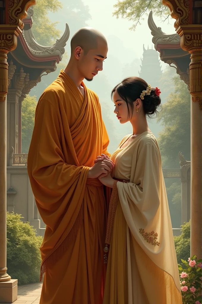 A tall and handsome young monk stands next to a beautiful young woman with short hair in the 1700s. They are khmer