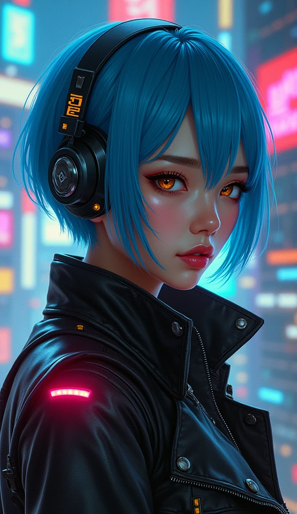 A close-up portrait of a young Asian woman in cyberpunk style. She has short electric blue hair and piercing brown eyes fitted with gold-colored cybernetic implants. She is wearing a black leather jacket with LED light details and tactical gloves. His expression is determined, with a slight smile on his lips. The background is a futuristic cityscape filled with skyscrapers and flying vehicles. Use a realistic digital painting style with dramatic neon lighting.
