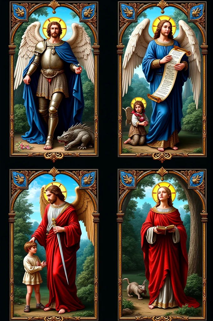Create an image of four stained glass panels featuring archangels in a classical style. The top left panel depicts St. Michael, clad in armor and a blue cape, standing over a defeated dragon. The top right panel shows St. Gabriel, adorned with blue robes, holding a lily and a scroll that reads "Ave Maria." The bottom left panel features St. Raphael, dressed in red and gold, holding a sword in one hand and guiding a young boy with the other. The bottom right panel presents St. Uriel, wearing a red cloak, holding a book and standing against a backdrop of trees. The overall composition should convey a sense of tranquility and reverence, with intricate details in the glasswork and vibrant colors.