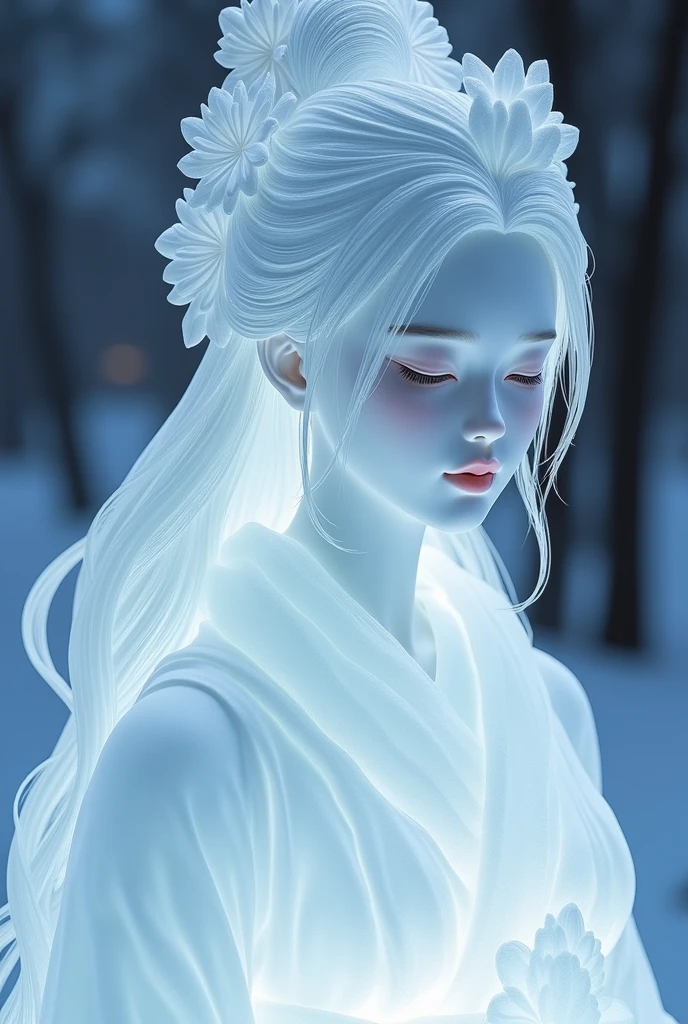 (ice - carving:1.4),Movie Angle,(Fan Bingbing, ice sculpture girl,Anatomically correct,full bodyesbian,Masterpiece ice sculpture camellia,Representative work Hanfu,Smile)