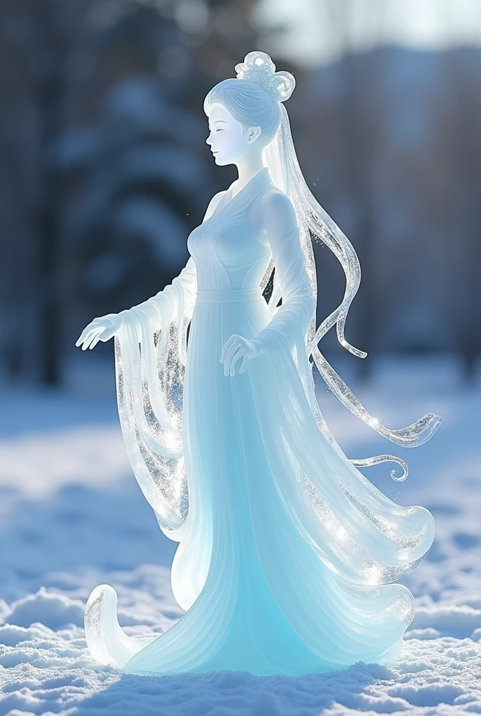 (ice - carving:1.4),Movie Angle,(Fan Bingbing,  ice sculpture girl,Anatomically correct,full bodyesbian,Masterpiece ice sculpture camellia,Representative work Hanfu,Smile)