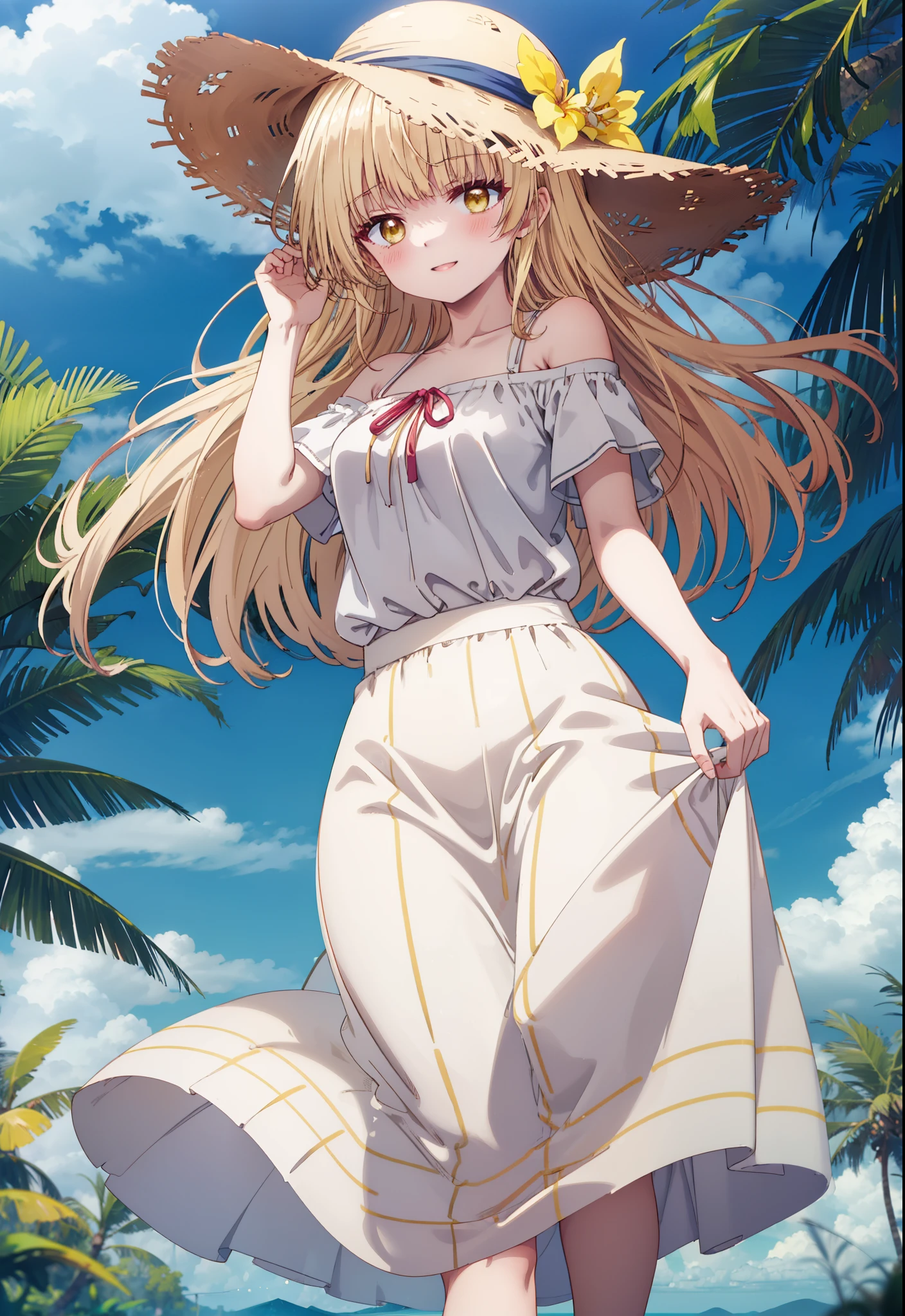 mahirushiina, mahiru shiina, Long Hair, bangs, Blonde, Brown Hair, (Yellow Eyes:1.3),happy smile, smile, Open your mouth,blush, Straw hat,smile,Cold Shoulder Shirt,Short sleeve,Long skirt,Cute heeled sandals,True Summer,Clear skies,Daytime,Palm tree,Hair is fluttering in the wind,whole bodyがイラストに入るように,
break outdoors, tropical,In town,Coastal Road,
break looking at viewer, whole body,
break (masterpiece:1.2), Highest quality, High resolution, unity 8k wallpaper, (figure:0.8), (Beautiful attention to detail:1.6), Highly detailed face, Perfect lighting, Highly detailed CG, (Perfect hands, Perfect Anatomy),