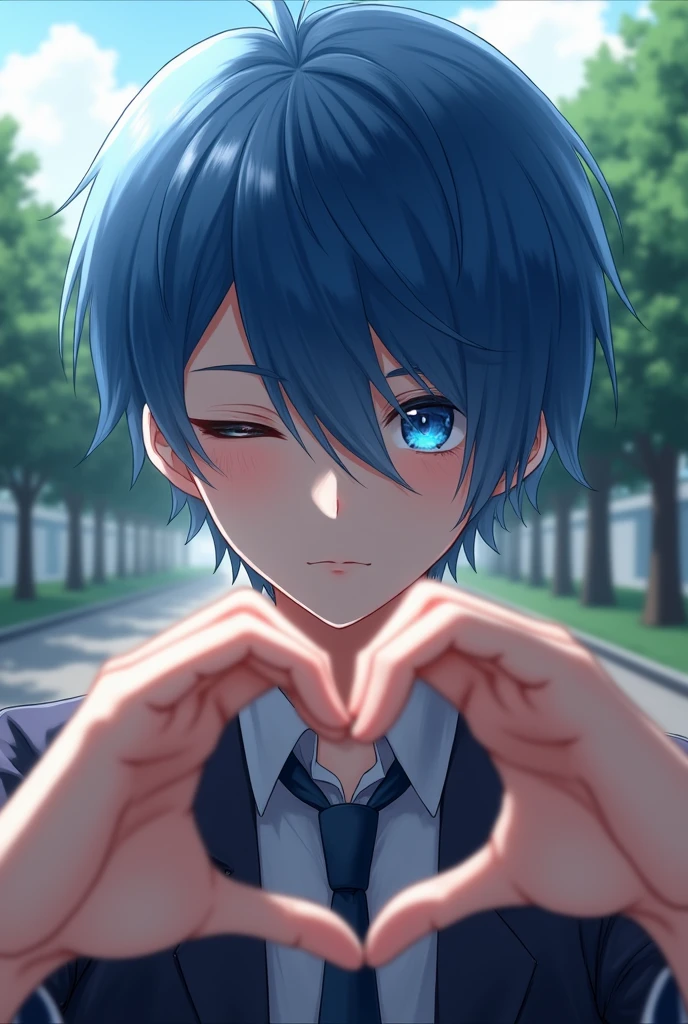 Blue short hair，Boys，Hair covering right eye，Hands making a heart，gentle，Selfie，Get the blues，Half Body，High School Students
