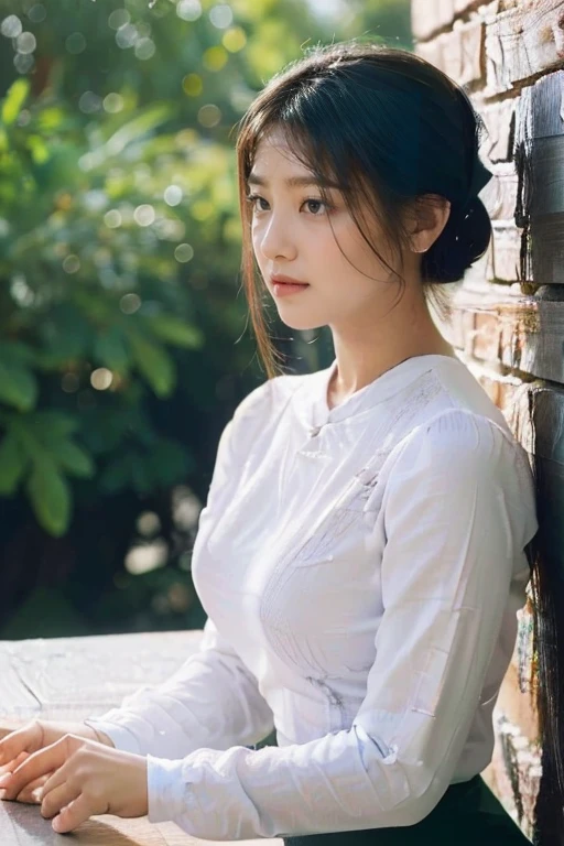 a group of 3 attractive 30 year old female school teachers, beautiful detailed eyes, beautiful detailed lips, extremely detailed eyes and face, long eyelashes, tall, thin figures, big hips, big breasts, black hair in bun, brown eyes, white Burmese blouse with long sleeves, buttoned at side, dark green long skirt, Burmese sandals, (best quality,4k,8k,highres,masterpiece:1.2),ultra-detailed,(realistic,photorealistic,photo-realistic:1.37),highly detailed,intricate,complex,photorealistic,8k, hyperrealistic, extremely detailed, studio lighting, physically-based rendering, professional, vivid colors, beautiful portrait