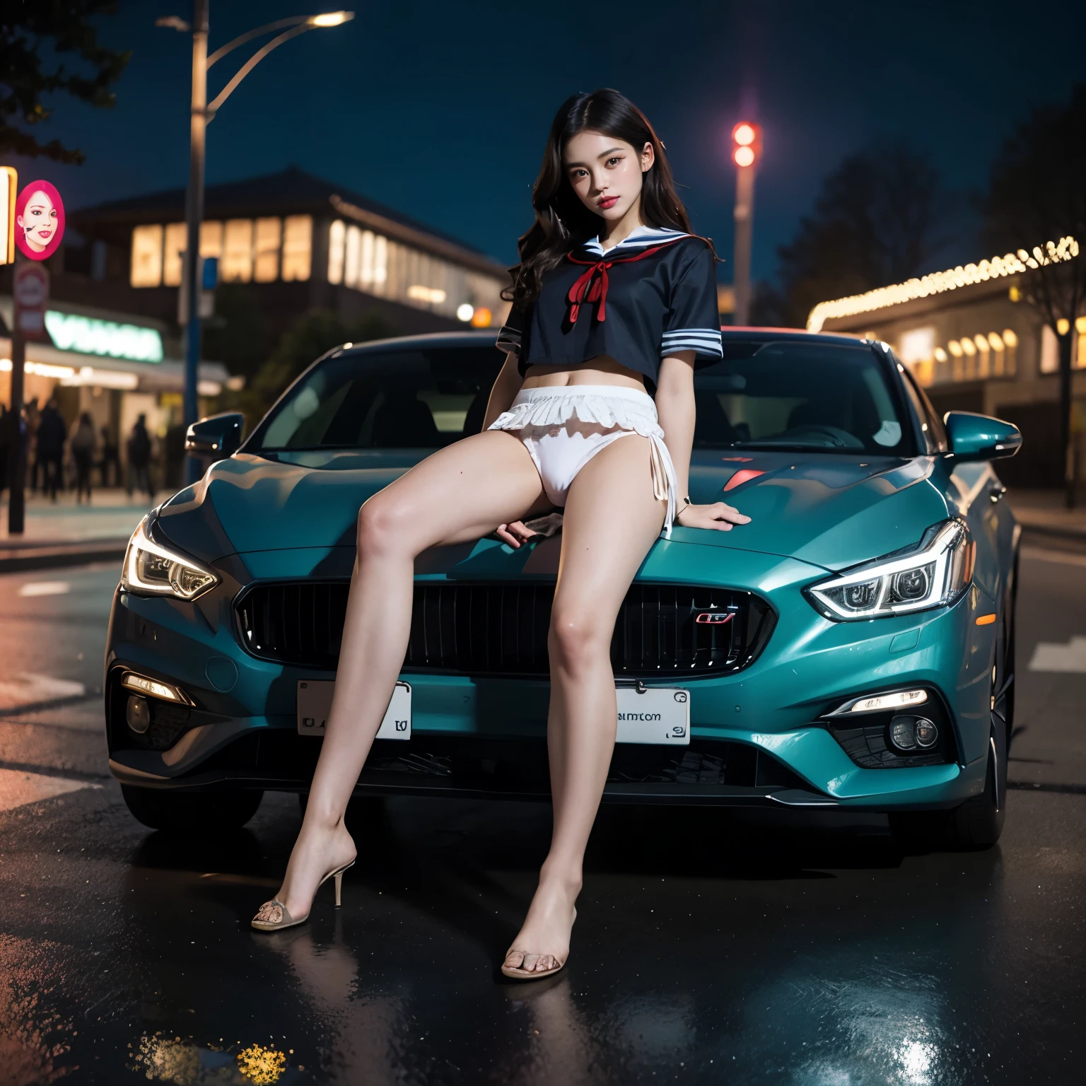 SFW, (Closeup from Crotch to Face) ExtremelyDetailed (SchoolGirl Lean against the Car) Spread Knees Up, perfect face, Brilliant(Tiny Crown), Detailed(Delicate Clothing textures) Sailor Uniform with Red Ribbon (((WhitePanties))), PerfectHand with Childish 4Fingers and one Thumb, Corrected Leg to Foot Line, ((Starry Colorful Lights at Dusk City)) ((Specular Reflection:1.32)Shiny Wet Road)Shiny Cars, ((Hidden Arm) Hidden Sole) Red[High-Heels], TopQuality 8K Ultra-detailed masterpiece (ProfessionalPhoto:1.37)(Acutance:0.8)
