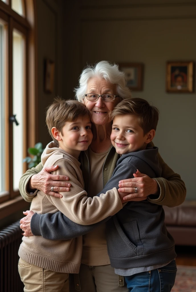 "an elderly lady, with two older sons hugging in a mansion"