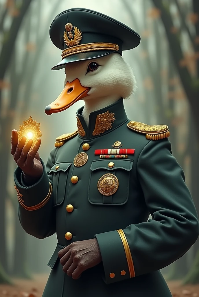 A duck wearing a military uniform looks at an amulet.