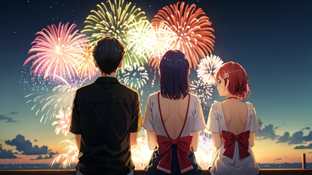 Fireworks display、men and women、Back view