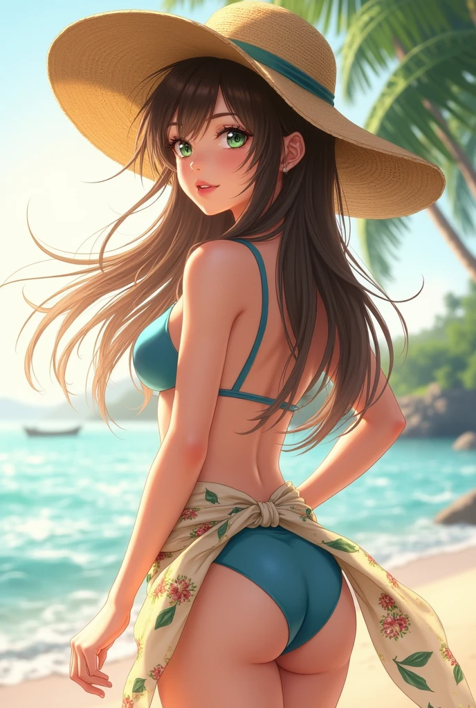 8k,Highest quality,masterpiece,１Girl Girl,Seeds of the Southern Dream,Seeds of the Southern Dream　sss Dynazenon ,Brown Hair,Long Hair,Green ruby eyes,Big straw hat,Blue Bikini Swimsuit,A thin floral patterned cloth is wrapped around the waist like a skirt,barefoot,barefoot,ビーチのSandy Beachを散歩しながら,With eyes that reflect the shadow of the setting sun、Brown Hair fluttering in the breeze,Sandy Beach,Seaside,Light of the sun,Palm tree　　　　　　　　　　　　　　　(masterpiece:1.2), Highest quality, High resolution, unity 8k wallpaper, (shape:0.8), (Beautiful and detailed:1.6), Highly detailed face, Perfect lighting, Extremely detailed CG, (Perfect hands, Perfect Anatomy), Dynamic Angle、Backlight,Shiny Hair,Glamorous Body,Realistic meat,