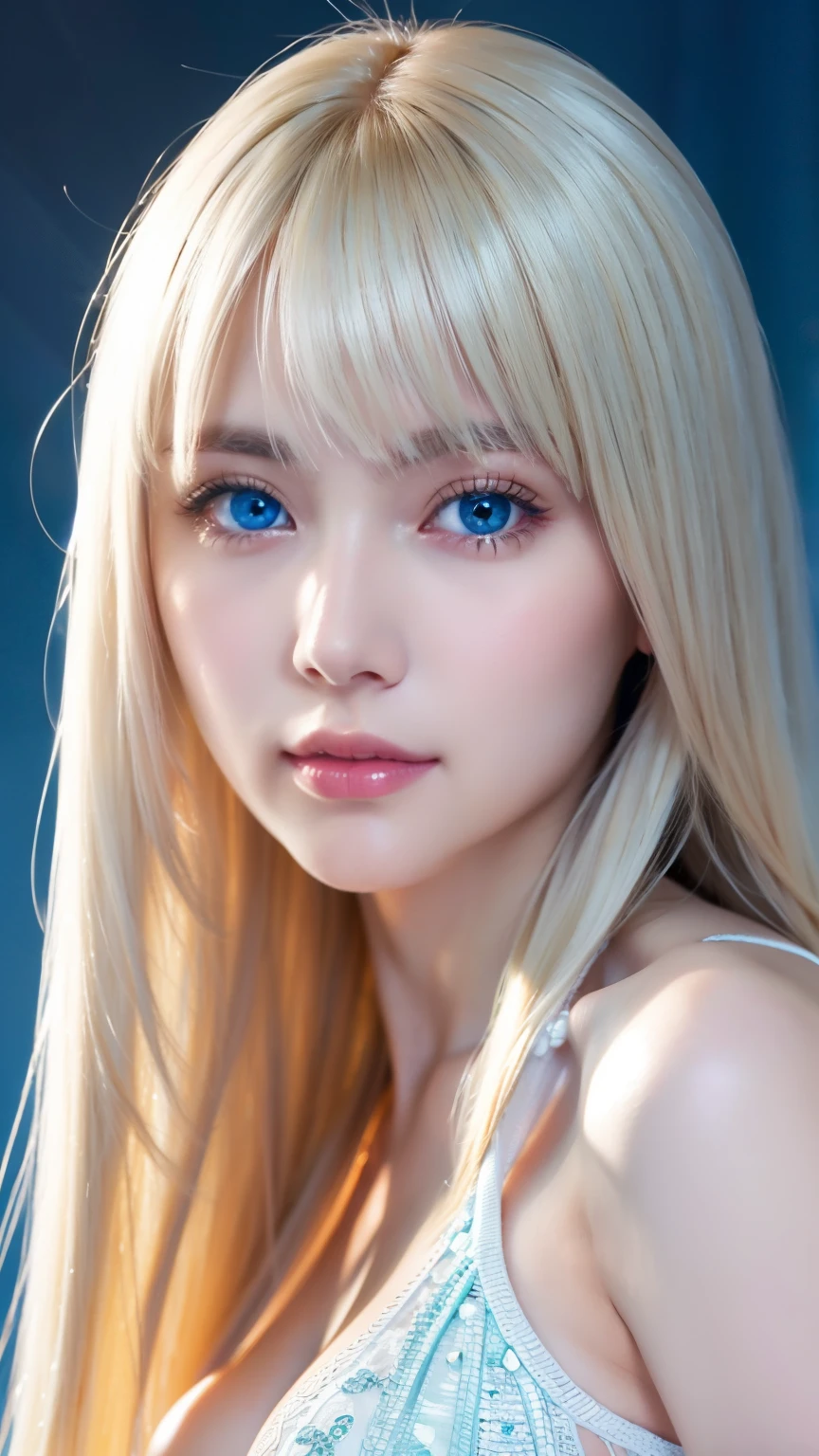 Very beautiful super long straight platinum blonde hair、Beautiful bangs between the eyes、The pieces fly, Highest quality, figure, Extremely detailed, High resolution, 8k wallpaper, Perfect dynamic composition, So beautiful、Large bright light blue eyes with shining detail、Very big eyes, Fitness Wear, Natural color lip,There is cleavage in the chest、Cheek gloss highlighter、White skin、Small Face Beauty、Beautiful girl at 22 years old、Round face