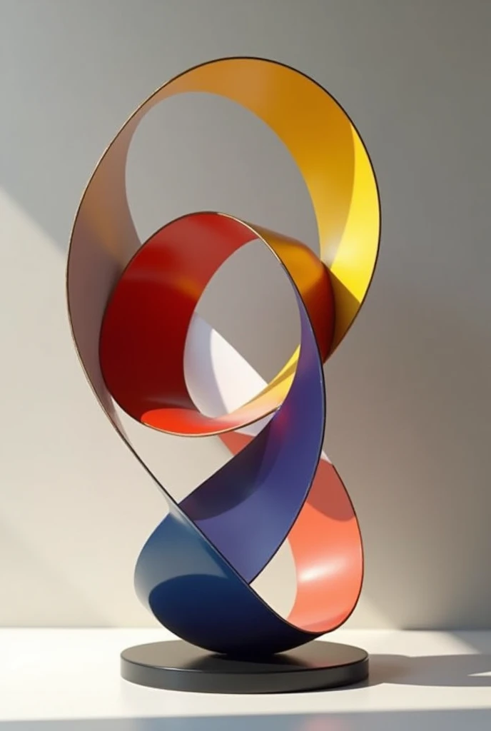 Hello, can you help me create a hyperrealistic photo of an abstract, minimalist sculpture, using the Golden Ratio, enameled bronze with colors, red, yellow, purple, white and blue, creating a balance between complementary colors, photorealistic, balance between curves and straight forms, UHD, 16K, thanks, photo, 3d render, conceptual art By Pablo Picasso