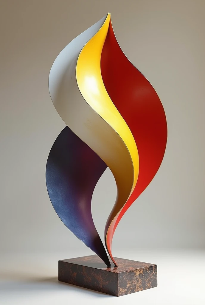 Hello, can you help me create a hyperrealistic photo of an abstract, minimalist sculpture, using the Golden Ratio, enameled bronze with colors, red, yellow, purple, white and blue, creating a balance between complementary colors, photorealistic, balance between curves and straight forms, UHD, 16K, thanks, photo, 3d render, conceptual art By Pablo Picasso