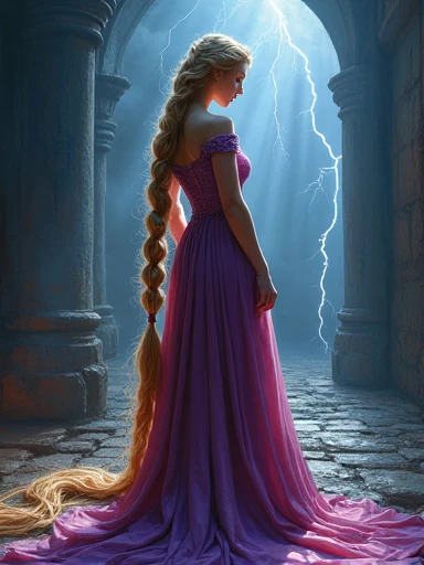 (masterpiece. UHD, oil paint) full body by Antonio J. Manzanedo, by Jeremy Lipking, lightning, in a surreal dark dungeon scenery, painting style with watercolor, Brushstrokes, colorful,vibrant colors,1 ultra hot gorgeous woman, large breast. ((Hair so long it sprawls on the floor (braided pig tail) blonde hair)). Sexy rapunzel from Disney tangled in sexy S pose. Instagram model. Black clouds Stormy weather. Pink and purple medieval off shoulder dress. Purple High heels.