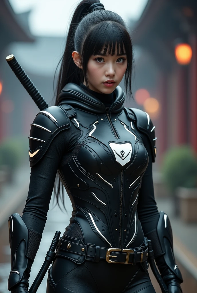 superhero, modern super hero costume, Color scheme: Black Stealth Tactical White Contrast Strategic Accent Costume Details: Inserts Stripes Elegant Dynamic Logo Symbol Unique Mask and Accessories: Black Mask Kant Straps Holders Buckles Fasteners Armor and Functionality: Pads Elbows Knees Decorative Protective Armor Plates Accents, suit for girl, ninja, with a Chinese sword, beautiful chinese woman with blue eyes, Chinese woman with bangs, courageous character, Kind, Brave, determination, on the battlefield, atmospheric perspective, Motion blur, 8k, super detailing, Best quality, uhd, high detail