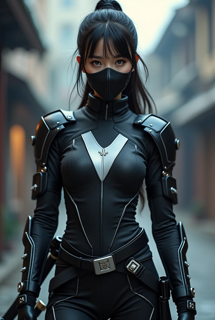 superhero, modern super hero costume, Color scheme: Black Stealth Tactical White Contrast Strategic Accent Costume Details: Inserts Stripes Elegant Dynamic Logo Symbol Unique Mask and Accessories: Black Mask Kant Straps Holders Buckles Fasteners Armor and Functionality: Pads Elbows Knees Decorative Protective Armor Plates Accents, suit for girl, ninja, with a Chinese sword, beautiful chinese woman with blue eyes, Chinese woman with bangs, courageous character, Kind, Brave, determination, on the battlefield, atmospheric perspective, Motion blur, 8k, super detailing, Best quality, uhd, high detail