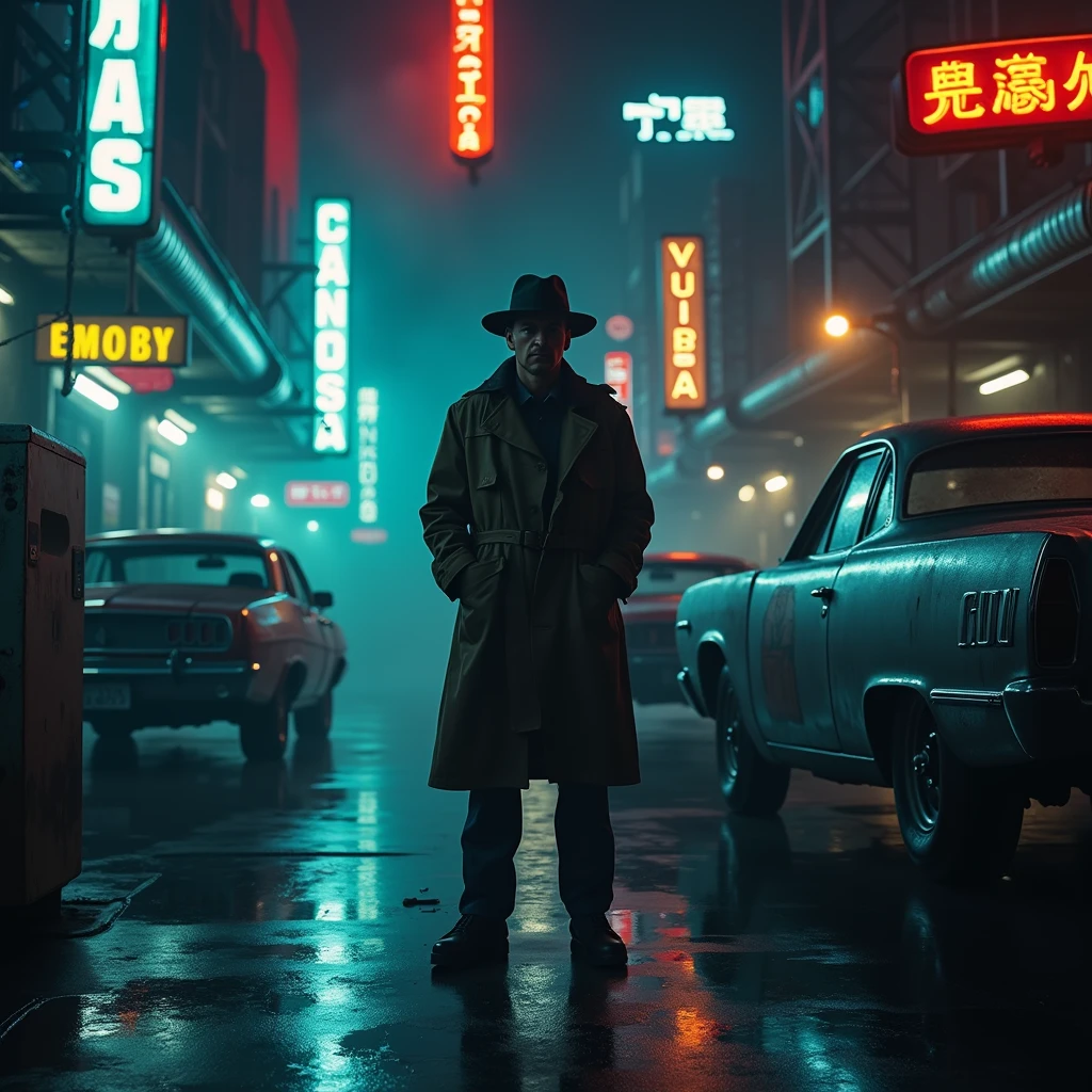 In a dimly lit corner of a bustling spaceport, a weathered private detective stands against a backdrop of flickering neon signs and smoky, industrial haze. This captivating lomographic photograph depicts a retro-futuristic noir-inspired scene, capturing the essence of intergalactic travel. The main subject, the detective, wears a worn trench coat replete with patches, revealing countless adventures. His eyes, veiled under a tilted fedora, hold a glimmer of sharp intuition, etched with wisdom. The grainy texture and muted colors enhance the nostalgic ambiance, transporting viewers to a forgotten era of mystery and exploration. This high-quality image masterfully balances vintage aesthetics and futuristic themes, inviting observers into a captivating cosmic tale.sunglasses，detective