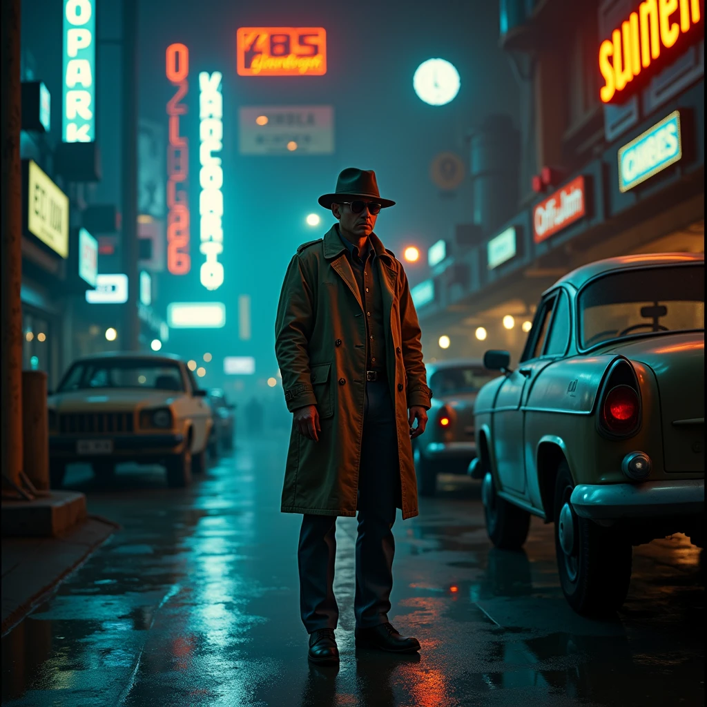 In a dimly lit corner of a bustling spaceport, a weathered private detective stands against a backdrop of flickering neon signs and smoky, industrial haze. This captivating lomographic photograph depicts a retro-futuristic noir-inspired scene, capturing the essence of intergalactic travel. The main subject, the detective, wears a worn trench coat replete with patches, revealing countless adventures. His eyes, veiled under a tilted fedora, hold a glimmer of sharp intuition, etched with wisdom. The grainy texture and muted colors enhance the nostalgic ambiance, transporting viewers to a forgotten era of mystery and exploration. This high-quality image masterfully balances vintage aesthetics and futuristic themes, inviting observers into a captivating cosmic tale.sunglasses，detective