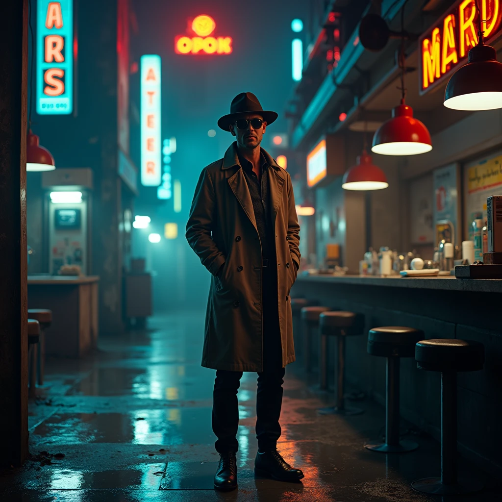 In a dimly lit corner of a bustling spaceport, a weathered private detective stands against a backdrop of flickering neon signs and smoky, industrial haze. This captivating lomographic photograph depicts a retro-futuristic noir-inspired scene, capturing the essence of intergalactic travel. The main subject, the detective, wears a worn trench coat replete with patches, revealing countless adventures. His eyes, veiled under a tilted fedora, hold a glimmer of sharp intuition, etched with wisdom. The grainy texture and muted colors enhance the nostalgic ambiance, transporting viewers to a forgotten era of mystery and exploration. This high-quality image masterfully balances vintage aesthetics and futuristic themes, inviting observers into a captivating cosmic tale.sunglasses，detective