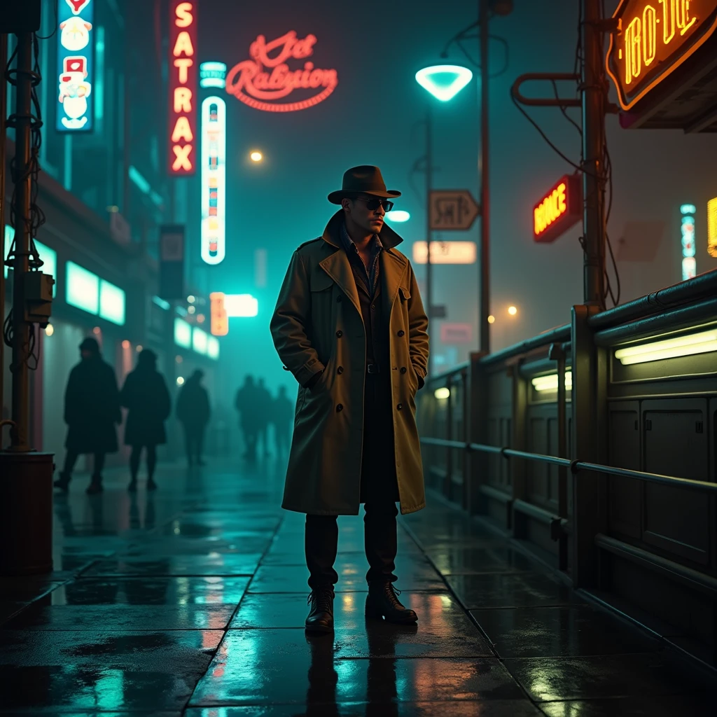 In a dimly lit corner of a bustling spaceport, a weathered private detective stands against a backdrop of flickering neon signs and smoky, industrial haze. This captivating lomographic photograph depicts a retro-futuristic noir-inspired scene, capturing the essence of intergalactic travel. The main subject, the detective, wears a worn trench coat replete with patches, revealing countless adventures. His eyes, veiled under a tilted fedora, hold a glimmer of sharp intuition, etched with wisdom. The grainy texture and muted colors enhance the nostalgic ambiance, transporting viewers to a forgotten era of mystery and exploration. This high-quality image masterfully balances vintage aesthetics and futuristic themes, inviting observers into a captivating cosmic tale.sunglasses,detective