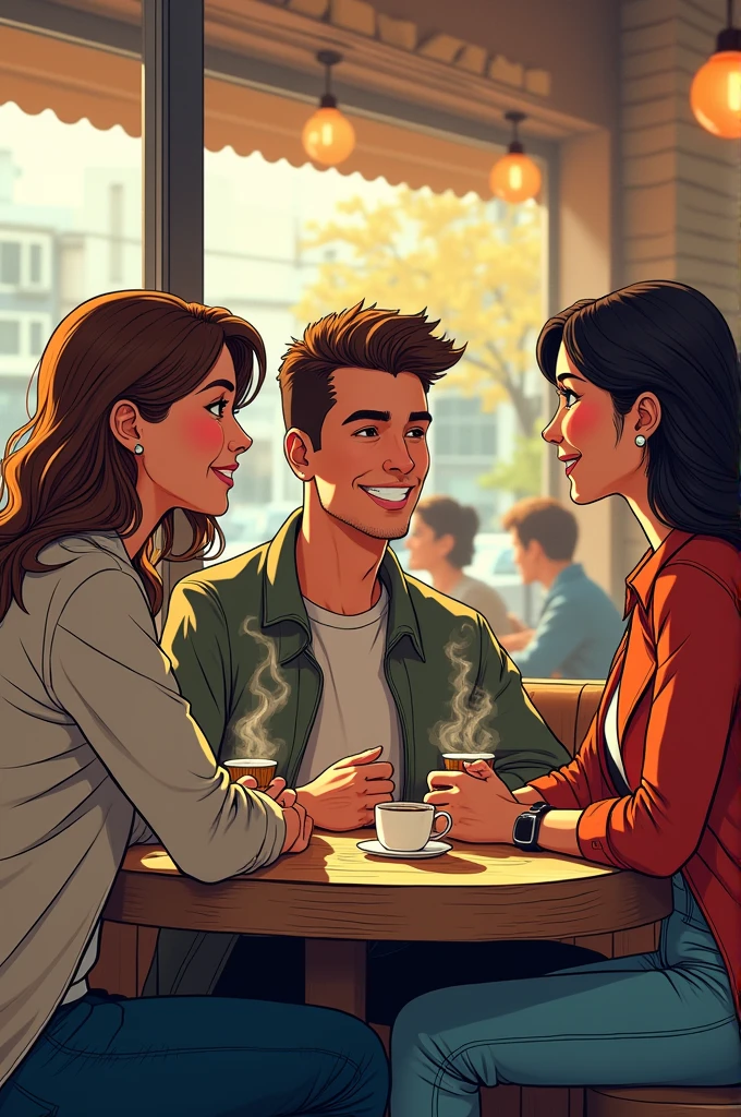 3 people talking siting inside a cafe comic