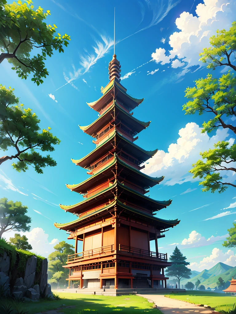 a small chinise pagoda with green nature backround, no people. clear blue sky with clouds.