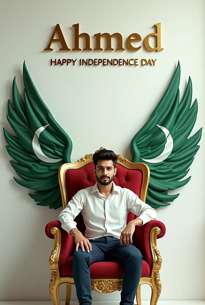 Create realistic illusion image A 20 years old boy is sitting on a king chair with Pakistan tricolor wings and behind him the color of the wall is white on which “Ahmed” is written in golden. and also written Happy Independence Day” in clear letter written on small size on bottom