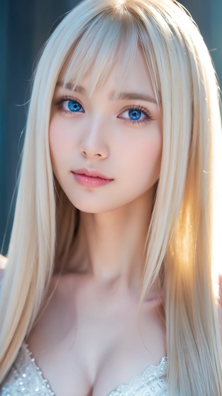 Very beautiful super long straight platinum blonde hair、Beautiful bangs between the eyes、The pieces fly, Highest quality, figure, Extremely detailed, High resolution, 8k wallpaper, Perfect dynamic composition, So beautiful、Large bright light blue eyes with shining detail、Very big eyes, Fitness Wear, Natural color lip,There is cleavage in the chest、Cheek gloss highlighter、White skin、Small Face Beauty、Beautiful girl at 22 years old、Round face