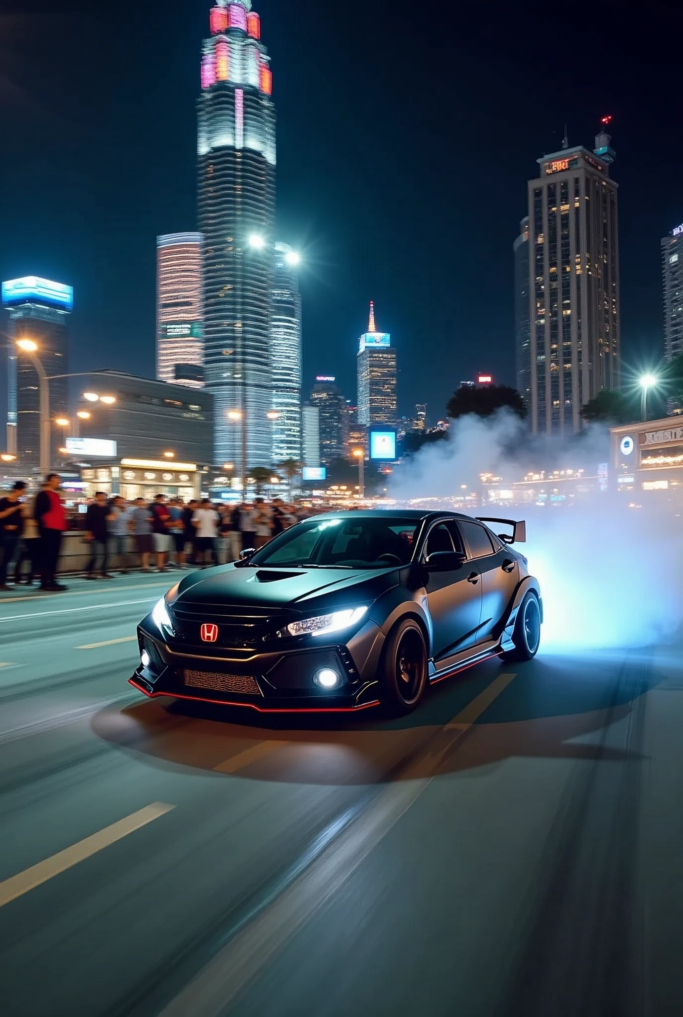 a photo of a Honda Civic FK8R Type R drifting on a road through Kuala Lumpur city centre, in front of KLCC, with crowd watching from pavement, night time, busy city, neon lights, derail and realistic photo