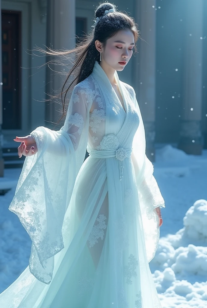 (ice - carving:1.4),Movie Angle,(Fan Bingbing, ice sculpture girl,Anatomically correct,full bodyesbian,Masterpiece ice sculpture camellia,Representative work Hanfu,Smile)