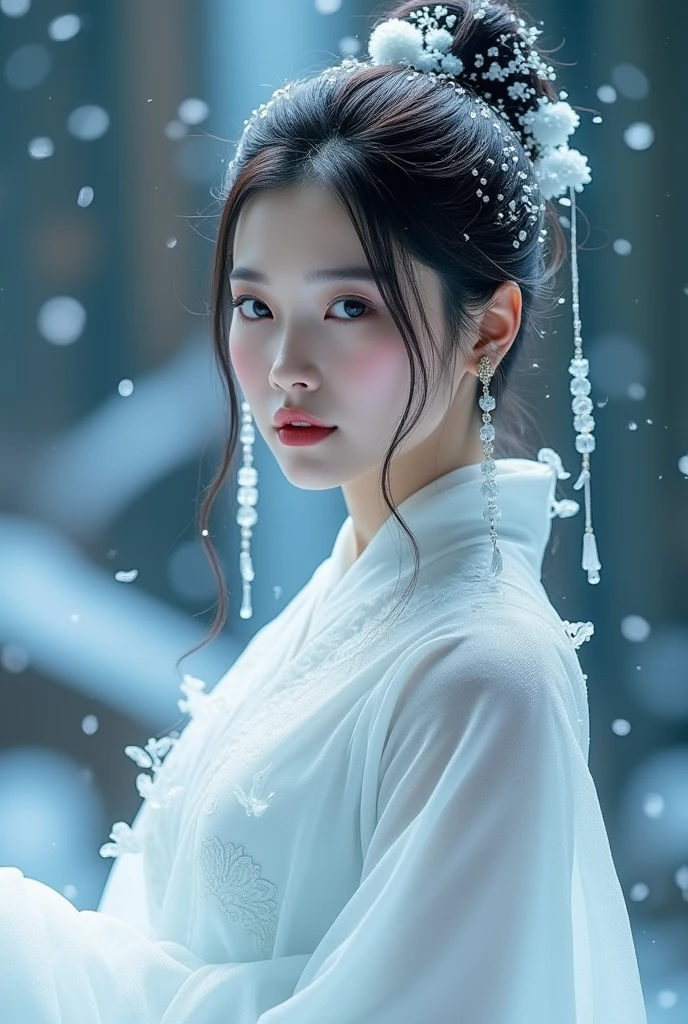 (ice - carving:1.4),Movie Angle,(Fan Bingbing, ice sculpture girl,Anatomically correct,full bodyesbian,Masterpiece ice sculpture camellia,Representative work Hanfu,Smile)