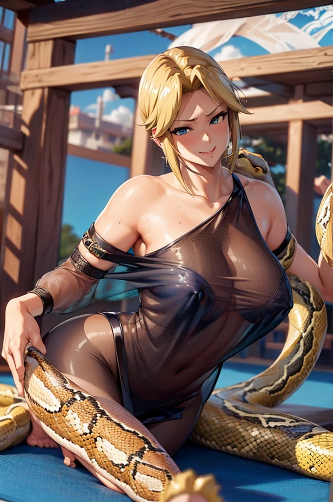 Masterpiece(woman,Huge breasts,Huge breasts:1.5, とても唇が赤いHuge breastsを強調,Big Ass,Narrow waist,Long legs,Greenish blue eyes ) 8Kミュージシャン:1.3 8K飛び散る汗:1.4 8K(((Naughty expression))) 8K(((Stick out your tongue a little))) 8K(((Gal))) 8K(((Staring at me))) 8((K(((Anime Style,A floppy smile,What we are looking for,Face mischievous face,The facial expression is accurate:1.3))))) 8K(((Anime Style,The facial expression is accurate))) 8K(((((Wearing sexy clothes:1.5))))) 8K(((Music Festival))) 8K(((((Casual attire, See-through :1.5 ))) ),8K(((((snake:1.1))))