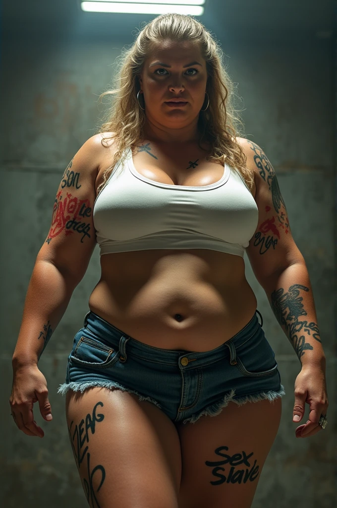 mating press,sex slave_tattoo,oily busty wrestler,(JMdict graffiti:1.2)、Seeding Press,(JMdict graffiti on body:1.2),50 years old,(masterpiece, best quality:1.2), 1girl, solo,Big Tit,Mature Woman、Big Butt,Armpit Hair、
,muscular、busty,White sleeveless tank top，blue denim shorts,(hentai:1.2),
