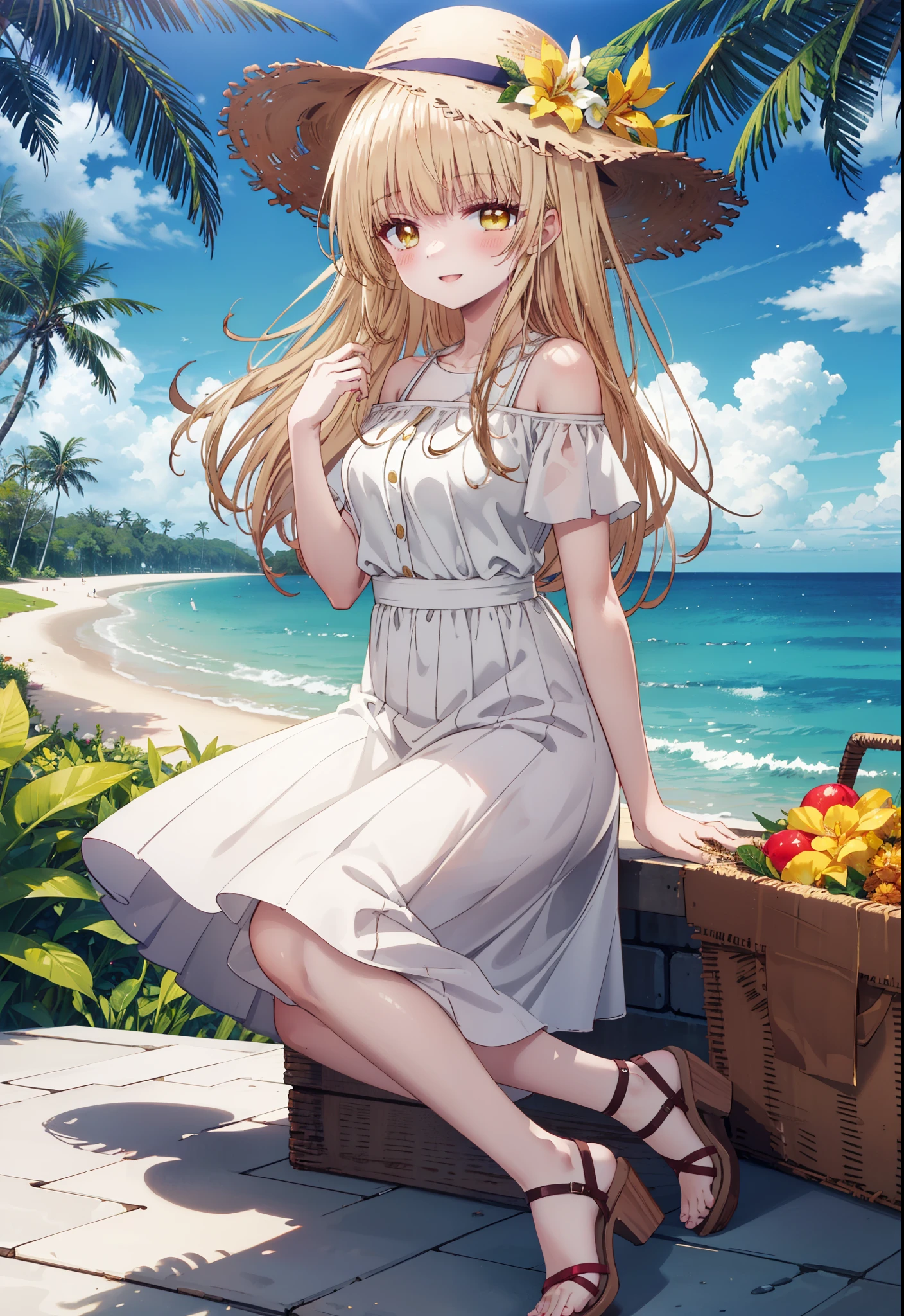 mahirushiina, mahiru shiina, Long Hair, bangs, Blonde, Brown Hair, (Yellow Eyes:1.3),happy smile, smile, Open your mouth,blush, Straw hat,smile,Cold Shoulder Shirt,Short sleeve,Long skirt,Cute heeled sandals,True Summer,Clear skies,Daytime,Palm tree,Hair is fluttering in the wind,whole bodyがイラストに入るように,
break outdoors, tropical,In town,Coastal Road,
break looking at viewer, whole body,
break (masterpiece:1.2), Highest quality, High resolution, unity 8k wallpaper, (figure:0.8), (Beautiful attention to detail:1.6), Highly detailed face, Perfect lighting, Highly detailed CG, (Perfect hands, Perfect Anatomy),