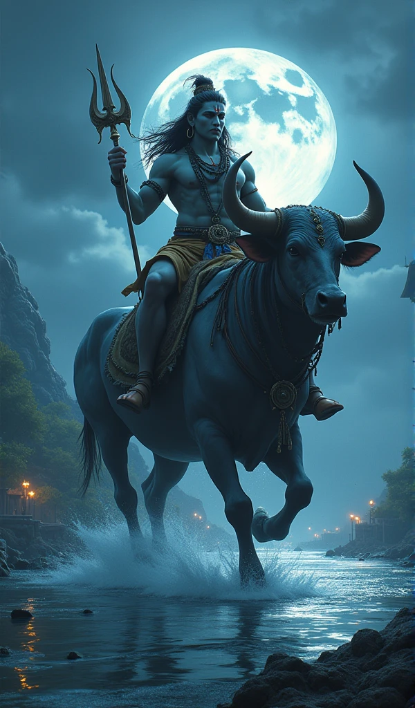 a powerful muscular lord shiva sitting on a giant muscular cow nandi, blue tinted night sky with cloudy moon, lord shiva holding trishul, nandi walking on water, tiny buildings, tiny human,  fantasy landscape, (best quality,4k,8k,highres,masterpiece:1.2),ultra-detailed,(realistic,photorealistic,photo-realistic:1.37),dramatic lighting,cinematic composition,intricate details,vibrant colors,mystical atmosphere, 