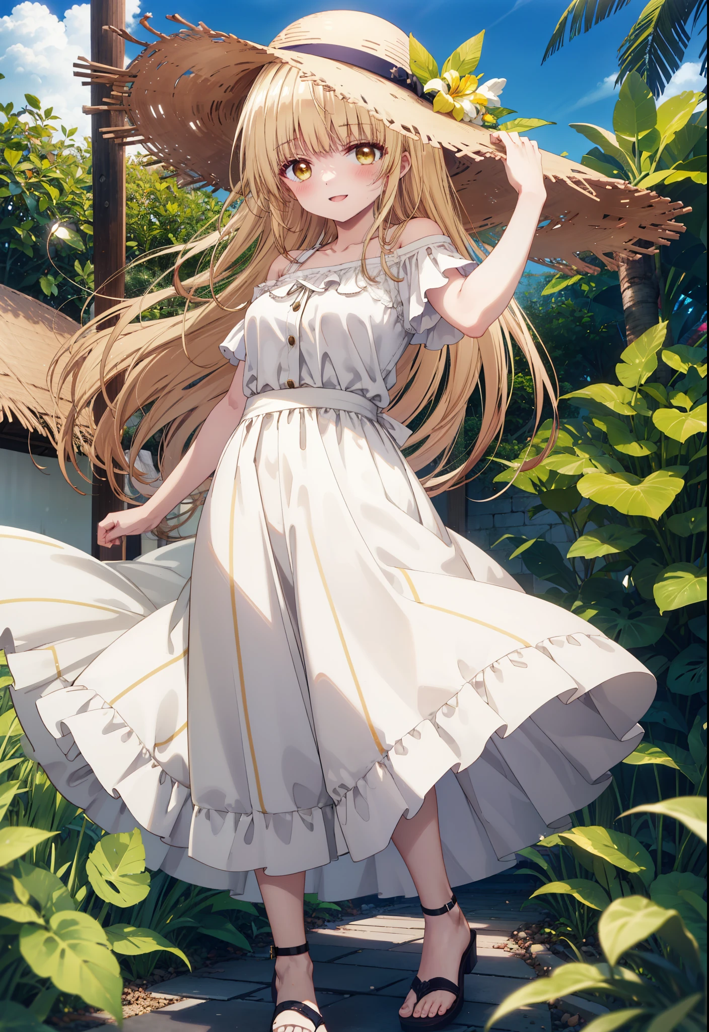 mahirushiina, mahiru shiina, Long Hair, bangs, Blonde, Brown Hair, (Yellow Eyes:1.3),happy smile, smile, Open your mouth,blush, Straw hat,smile,Cold Shoulder Shirt,Short sleeve,Long skirt,Cute heeled sandals,True Summer,Clear skies,Daytime,Palm tree,Hair is fluttering in the wind,whole bodyがイラストに入るように,
break outdoors, tropical,In town,Coastal Road,
break looking at viewer, whole body,
break (masterpiece:1.2), Highest quality, High resolution, unity 8k wallpaper, (figure:0.8), (Beautiful attention to detail:1.6), Highly detailed face, Perfect lighting, Highly detailed CG, (Perfect hands, Perfect Anatomy),