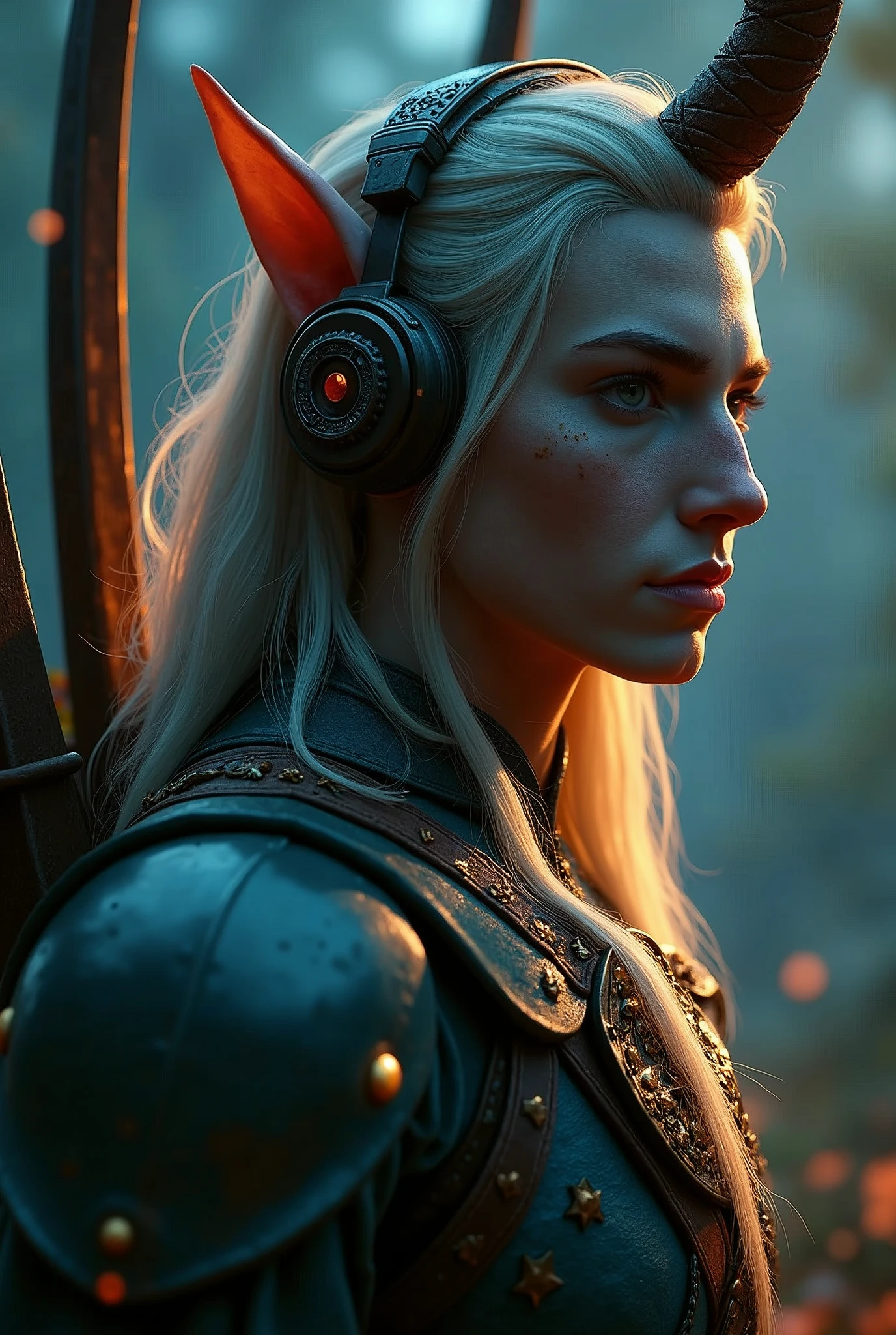 masterpiece, highest quality, beautifully, 1man as a centaur elf, extremely detailed face and eyes, detailed full body, detailed hair, detailed legendary archer outfit, headphones, (low angle camera), night, colorful, cinematic lighting, photorealistic, 8k, hyper detailed, intricate details, (best quality:1.2), (realistic:1.37), (masterpiece:1.2)