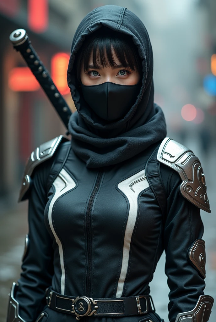 superhero, modern super hero costume, Color scheme: Black Stealth Tactical White Contrast Strategic Accent Costume Details: Inserts Stripes Elegant Dynamic Logo Symbol Unique Mask and Accessories: Black Mask Kant Straps Holders Buckles Fasteners Armor and Functionality: Pads Elbows Knees Decorative Protective Armor Plates Accents, suit for girl, ninja, with a Chinese sword, beautiful chinese woman with blue eyes, Chinese woman with bangs, courageous character, Kind, Brave, determination, on the battlefield, atmospheric perspective, Motion blur, 8k, super detailing, Best quality, uhd, high detail