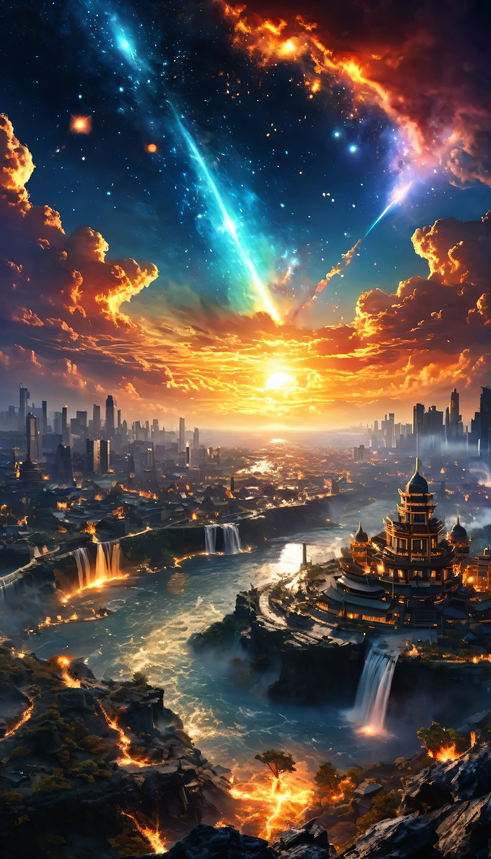 The color of the galaxy The starry sky of the galaxy々Clear nebula starry sky_sky sunset colorful sunrise panorama sunshine, Moon， Optics， Fantastic，It was dark，Raid，Safety，Panoramic View，Photo taken from a video game of a large populated city, an ancient city on fire, Invading forces background, Beautiful renderings of the Three Kingdoms period, War scenes, background: Battle Scenes, Invading forces background, Results of the Great War, Heroic Battle Scenes, Spectacular Battle Scenes, Win the Ultra_High-definition Ultra_Photorealistic and optimal ultra_High Quality OpenGL Shaders Ultra_High-precision reflective_High Resolution Perfect Volume Lightening Improved Octane_Rendered in UHD "Niagara Falls" Hearth Glass Mirror Monster Fire Blast Flame Saturation Luminescence Backlight Shadow Chef D&#39 Tattoo Blues_Weber Sex Naked NSFW Wide Variety Multi Etc.. --s 1000 --c 20 --q 20 --chaos 100