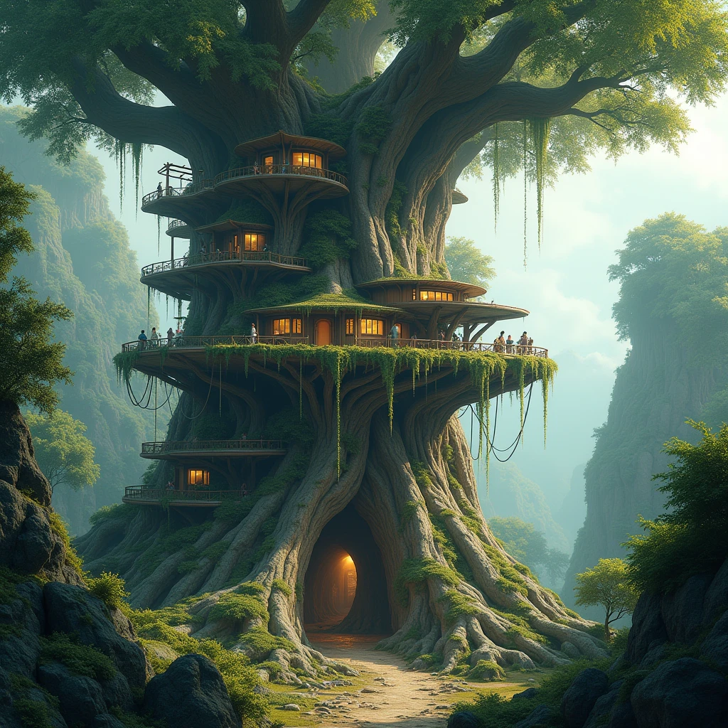 A mystical base built into the base of a gigantic, ancient tree, with platforms and walkways spiraling up the trunk, and homes nestled within the roots. The base is alive with the energy of the forest. (masterpiece, ultra detailed, 8K, high resolution, cinematic lighting, fantasy theme, photorealistic)